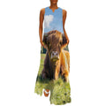 Robe longue maxi maxi sans manches pour femme Highland Cow, col en V, coupe ample, unie, avec poches