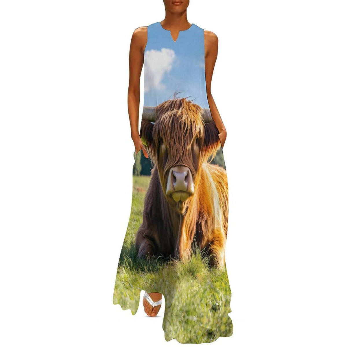 Robe longue maxi maxi sans manches pour femme Highland Cow, col en V, coupe ample, unie, avec poches