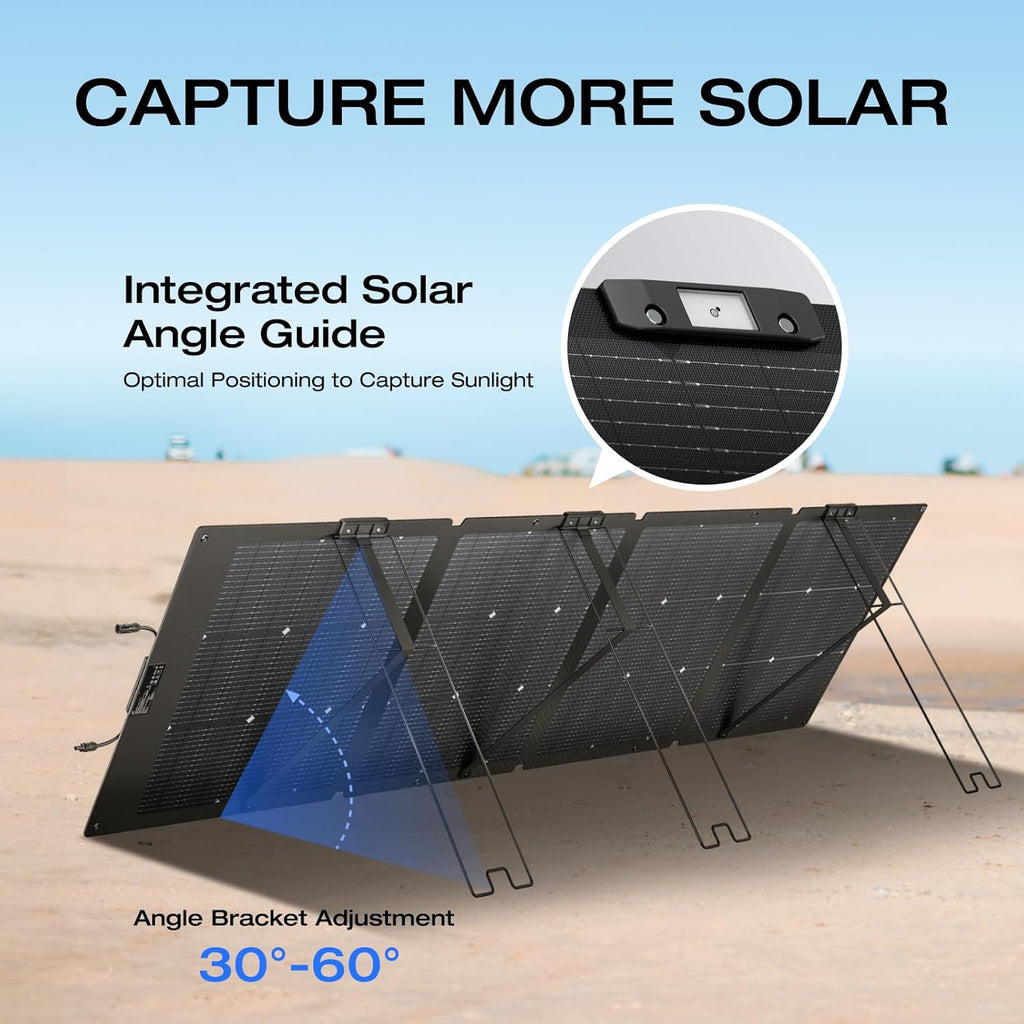 Panneau solaire compact and portable EF ECOFLOW 220 W, conception bifaciale, rendement de conversion jusqu'à 25 %, cellules solaires de type N, support réglable, étanche IP68, pliable, idéal pour le camping, les caravanes et comme solution de