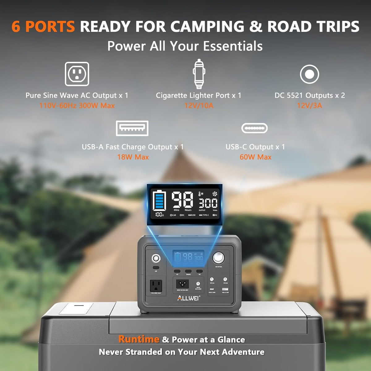 Station d'alimentation compact and portable ALLWEI 300 W (600 W en crête) améliorée, batterie LiFePO4 de 256 Wh, générateur solaire avec 6 ports de sortie, alimentation de secours pour le camping, les voyages, les pannes de courant et l'utilisation