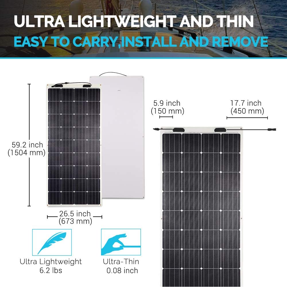 Panneau solaire monocristallin 160 W 12 V extrêmement flexible – Ultra léger, ultra fin, arc jusqu'à 248 degrés, pour camping-cars, bateaux, toits, surfaces irrégulières