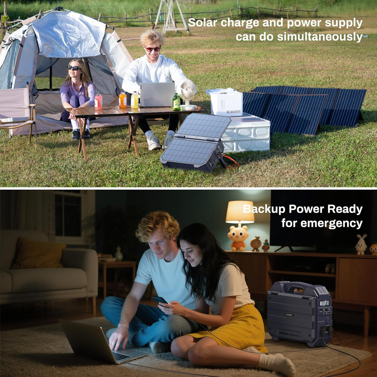 Station d'alimentation compact and portable BROWEY 1600 W (3200 W en crête) avec batterie LiFePO4 1024 Wh, panneau solaire intégré, générateur solaire USB-C PD 100 W pour camping, camping-car, maison, alimentation de secours et urgence (bleu foncé)