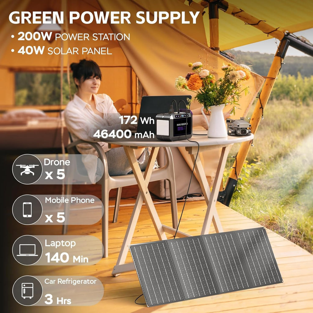 Générateur solaire MARBERO 172 Wh avec panneau solaire 40 W, station d'énergie solaire compact and portable 200 W, camping, activités de plein air, randonnée, pêche, situations d'urgence, CPAP