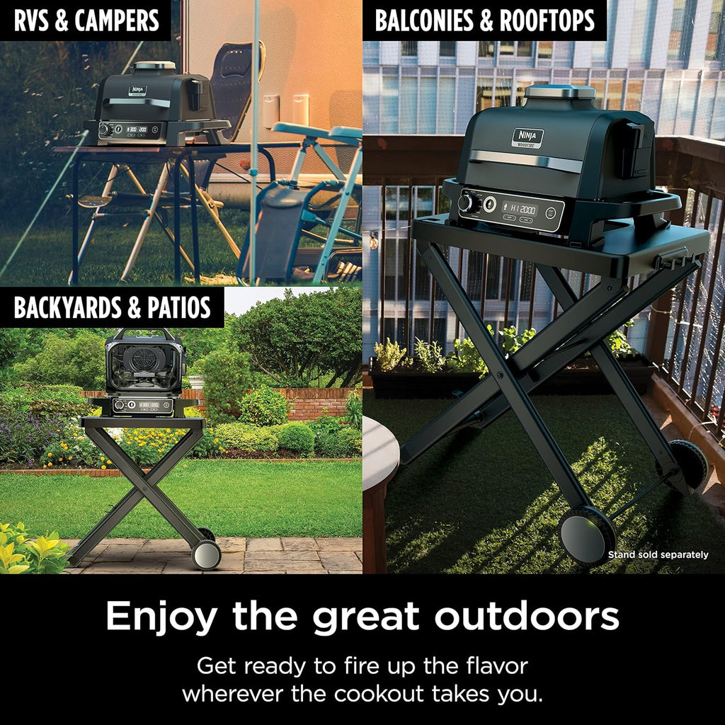 Ninja | Série Feu de Bois | 7 en 1 (BBQ Grill, BBQ, Rôtissage, Friture à Air, Déshydratation, Grillage, Fumage) | Portable et résistant aux intempéries | Cuisson jusqu'à 6 steaks et 30 hot-dogs | Granulés de bois inclus | OG701
