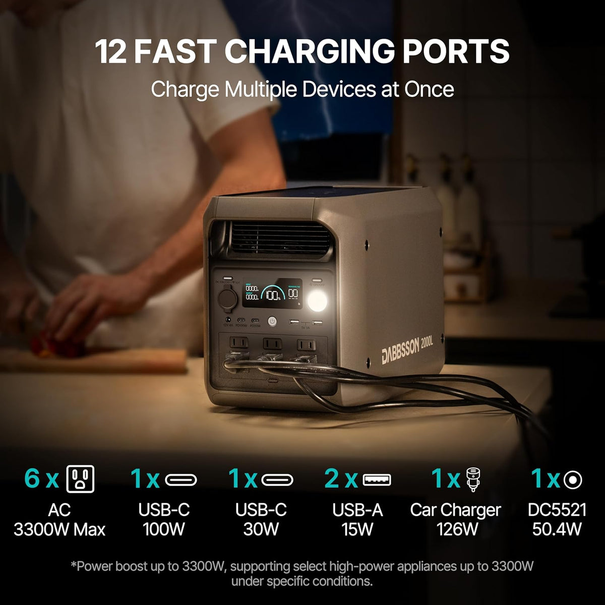 Centrale électrique compact and portable DABBSSON 2048 Wh, batterie LiFePO4 semi-solide sécurisée, puissance boost de 3300 W, sortie CA de 2200 W x 6, poids de 18,6 kg, compacte et légère, autonomie multipliée par 1,3, générateur solaire 2000 L pour