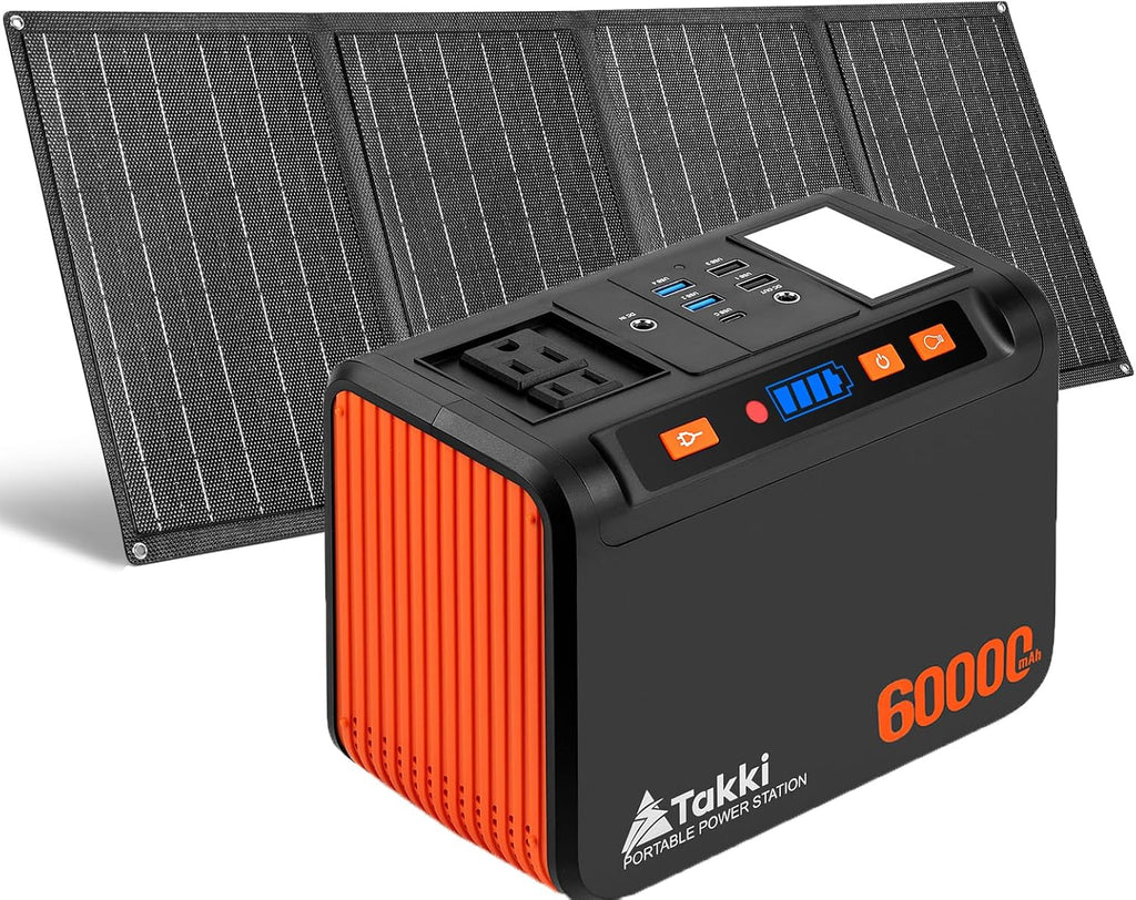 Générateur solaire compact and portable Takki 250 W avec panneaux solaires de 40 W, batterie lithium 222 Wh à onde sinusoïdale pure et prise secteur 110 V pour le camping, les appareils CPAP, la maison et les situations d'urgence en extérieur.