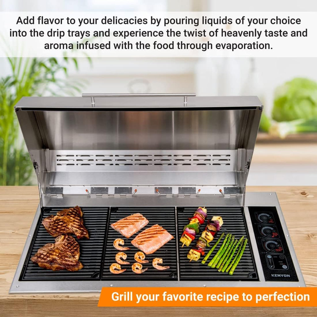 BBQ Grill électrique Kenyon « The Big American BBQ Grill », avec 3 brûleurs et couvercle en deux parties, corps en acier inoxydable, grille antirouille avec commandes tactiles IntelliKEN, homologué UL pour une utilisation intérieure et extérieure