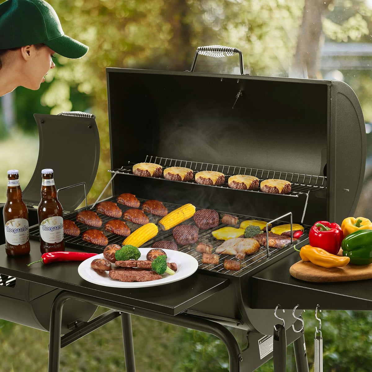 BBQ à charbon Royal Gourmet CC1830SC, fumoir décalé avec couvercle, 811 pouces carrés, noir, pour le camping en extérieur