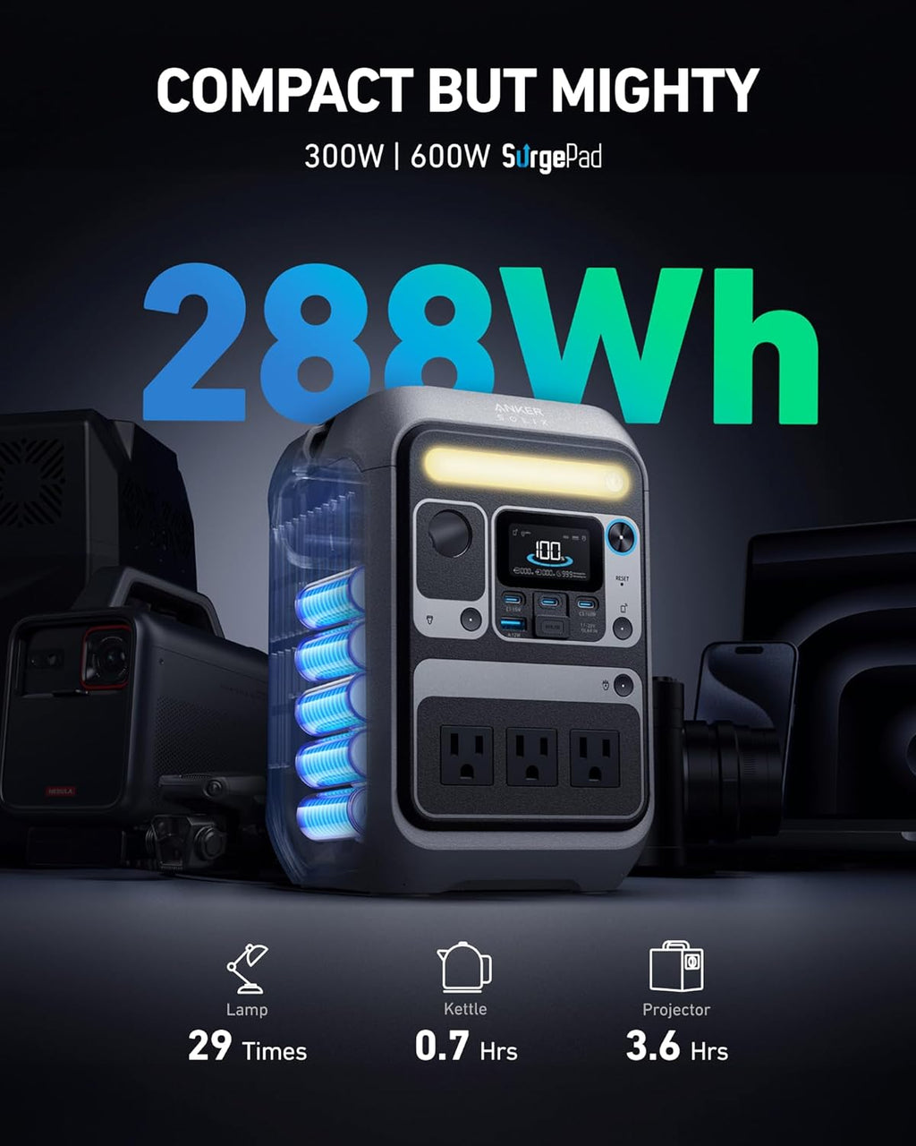 Station d'alimentation compact and portable Anker SOLIX C300, batterie LiFePO4 288 Wh, générateur solaire 300 W (600 W en crête), charge rapide bidirectionnelle 140 W pour le camping, les voyages et les situations d'urgence (panneau solaire en