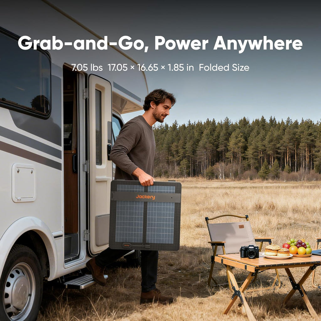 Panneau solaire à air Jackery SolarSaga 100 W, rendement de conversion de 23 %, panneaux bifaciaux, étanche IP65, pliable et compact and portable. Chargeur solaire idéal pour les stations d'alimentation, les camping-cars, le camping, les vies hors