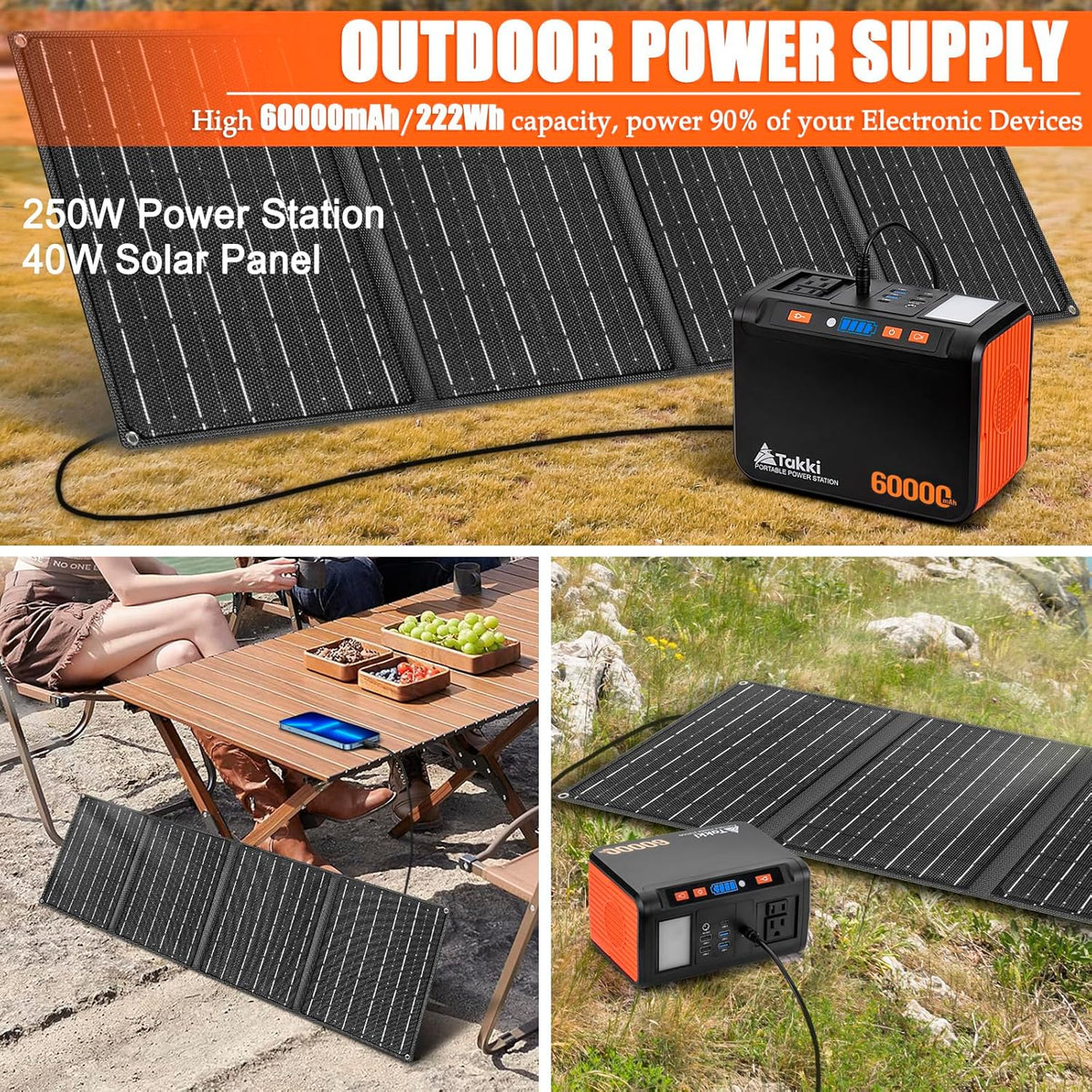 Générateur solaire compact and portable Takki 250 W avec panneaux solaires de 40 W, batterie lithium 222 Wh à onde sinusoïdale pure et prise secteur 110 V pour le camping, les appareils CPAP, la maison et les situations d'urgence en extérieur.