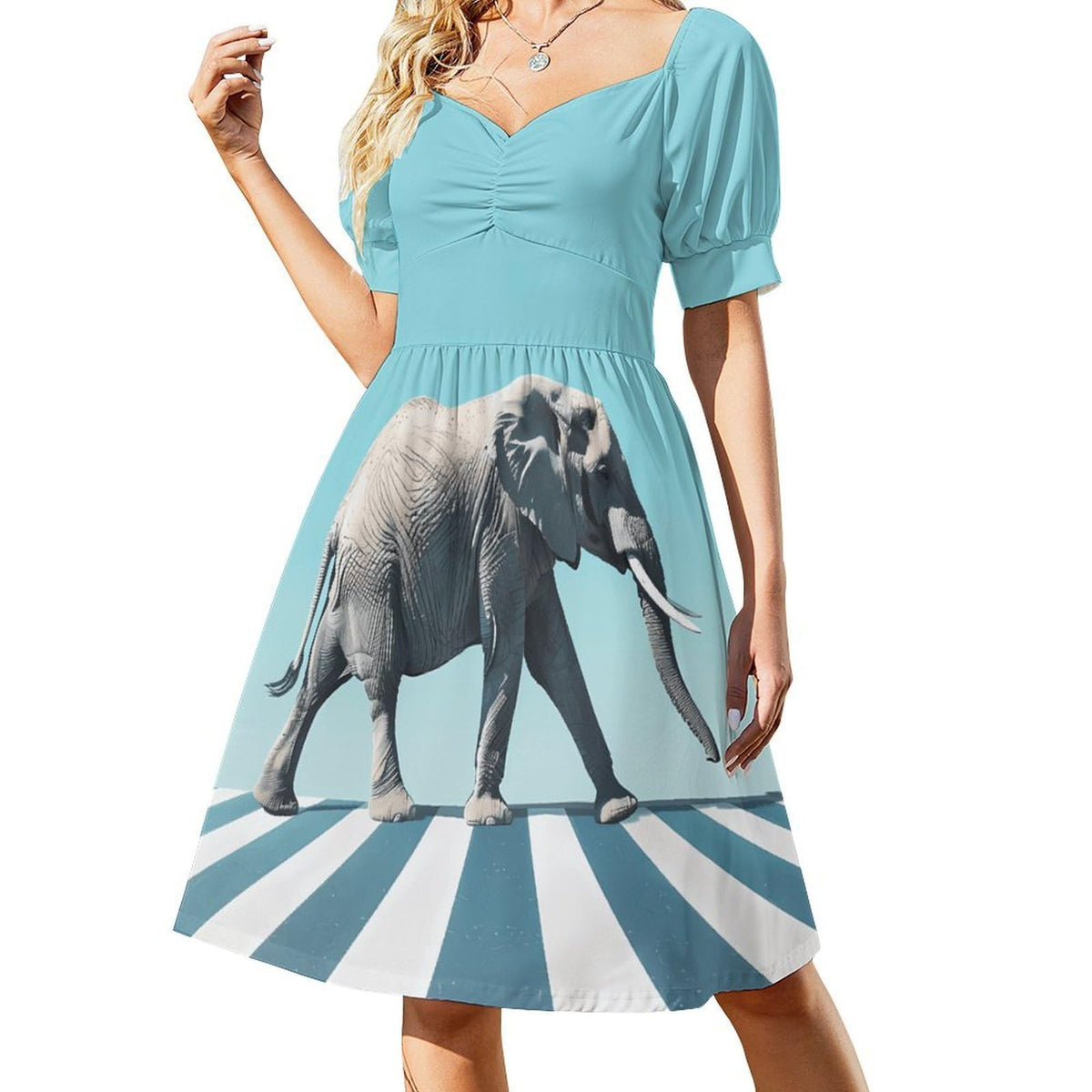 Robe d'été à manches courtes et col en V pour femme, motif passage d'éléphants, style évasé.