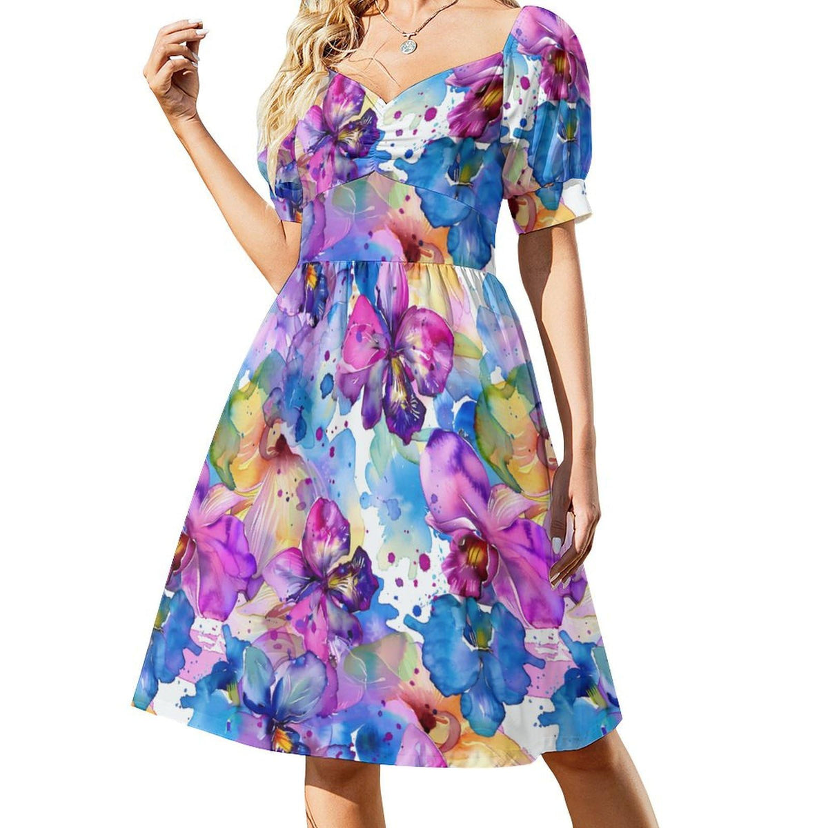 Robe d'été fantaisie à manches courtes pour femme, ornée d'orchidées aquarelle, col en V et coupe trapèze.