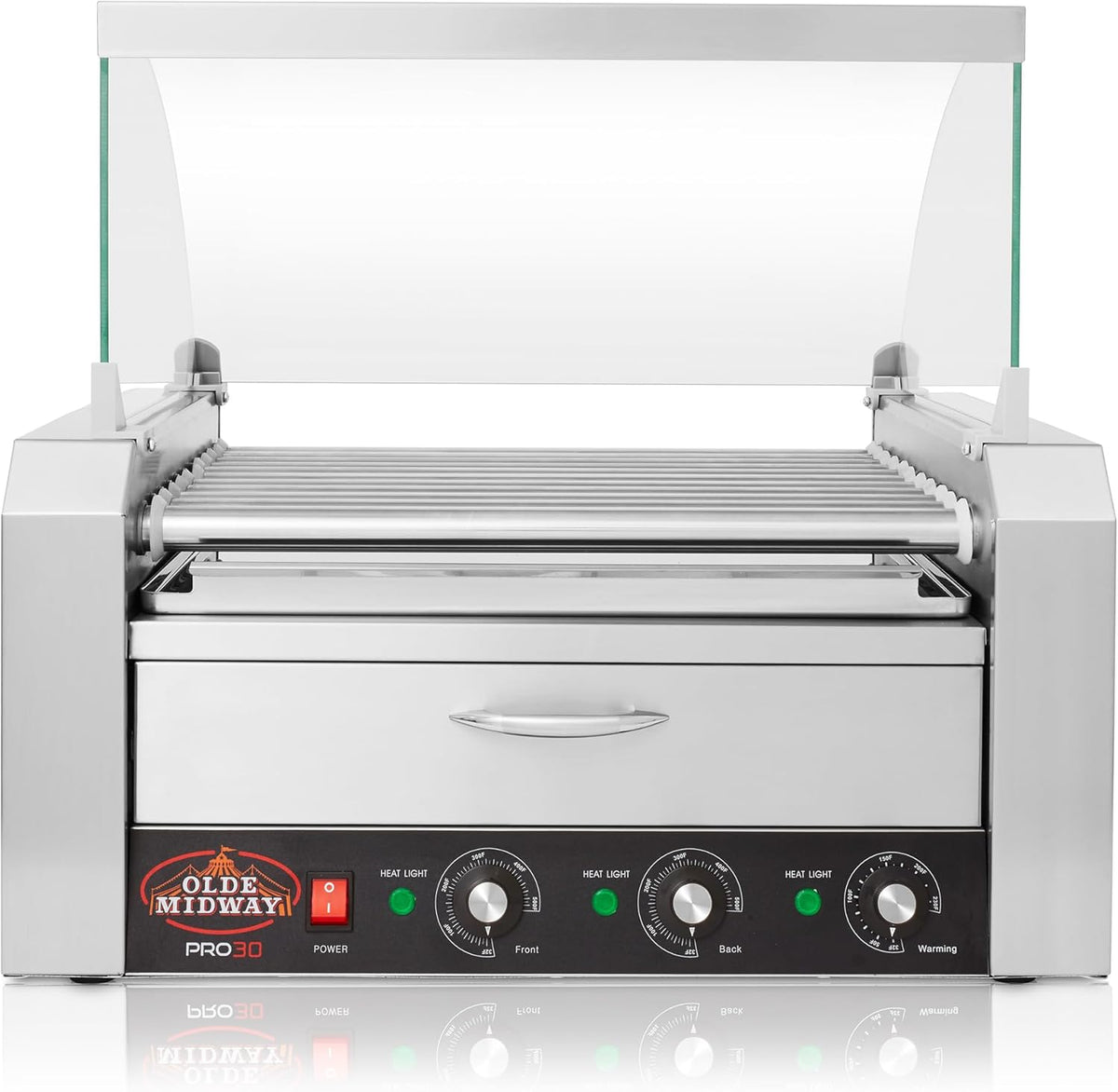 Machine à hot-dogs électrique Olde Midway 30 à 11 rouleaux avec tiroir chauffe-pains et couvercle - Qualité professionnelle, acier inoxydable