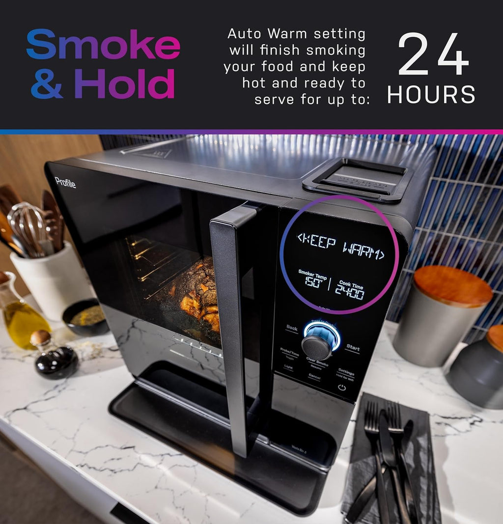 Fumoir à granulés d'intérieur intelligent GE Profile™ avec filtration active de la fumée, 5 réglages de contrôle de la fumée, connecté en Wi-Fi, BBQ électrique de comptoir, noir