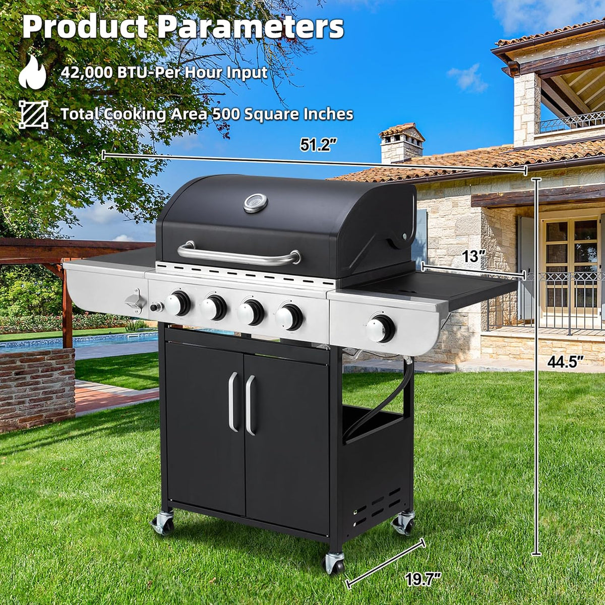BBQ à gaz propane amélioré à 4 brûleurs avec grilles en fonte et réchaud latéral, brûleur en acier inoxydable de 44 000 BTU pour terrasse, camping et cuisine en plein air.