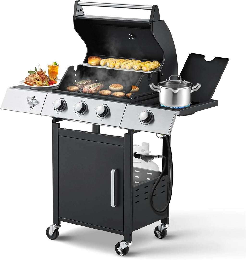 BBQ à gaz propane amélioré à 4 brûleurs avec grilles en fonte et réchaud latéral, brûleur en acier inoxydable de 44 000 BTU pour terrasse, camping et cuisine en plein air.