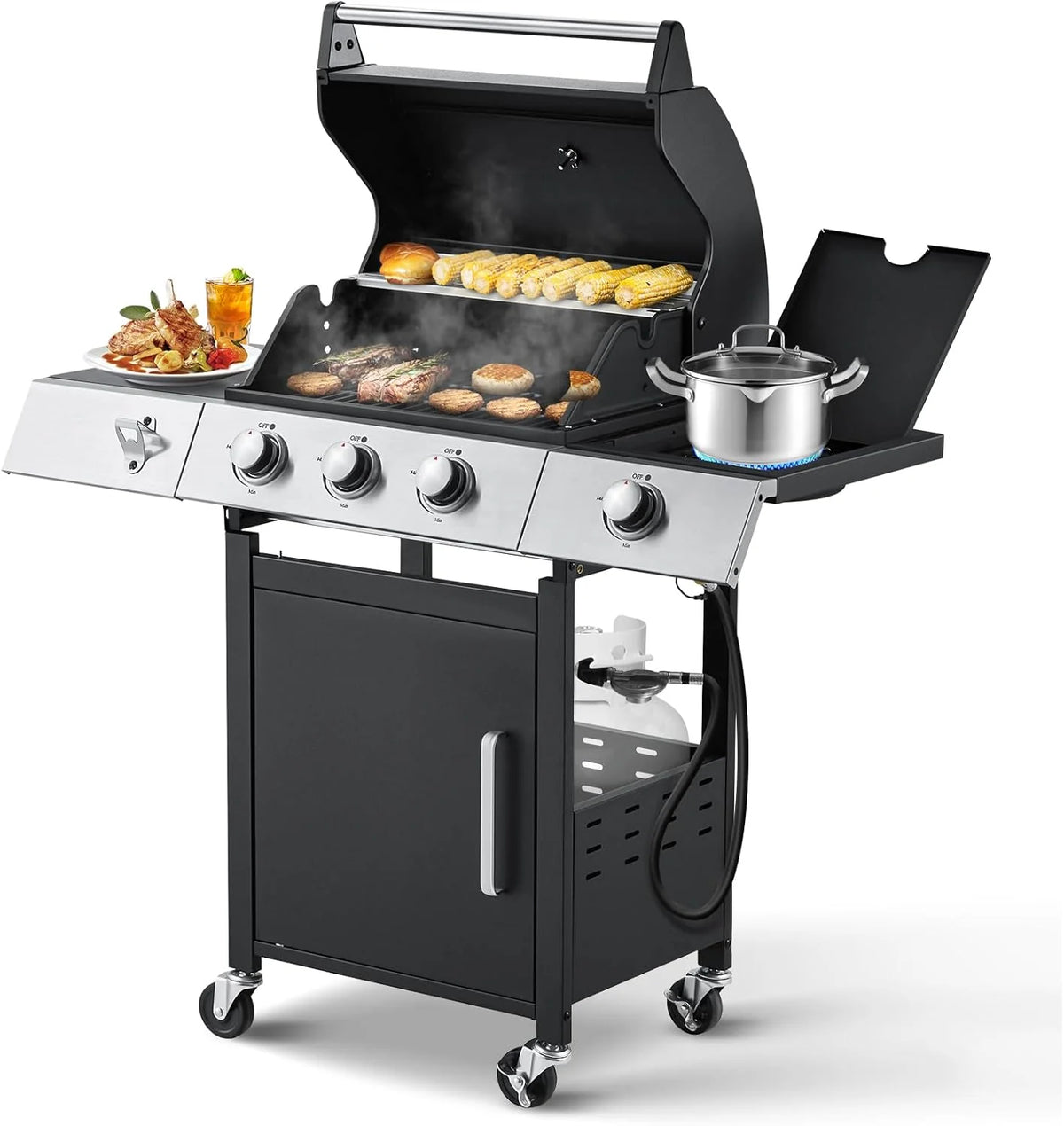BBQ à gaz propane amélioré à 4 brûleurs avec grilles en fonte et réchaud latéral, brûleur en acier inoxydable de 44 000 BTU pour terrasse, camping et cuisine en plein air.