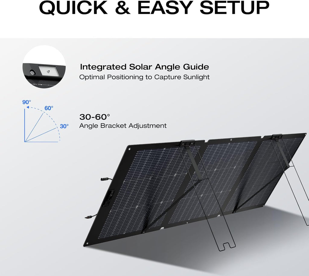 Panneau solaire compact and portable EF ECOFLOW 160 W pour station d'alimentation, chargeur solaire pliable avec support réglable, étanche IP68, idéal pour le camping, les camping-cars et les systèmes hors réseau.