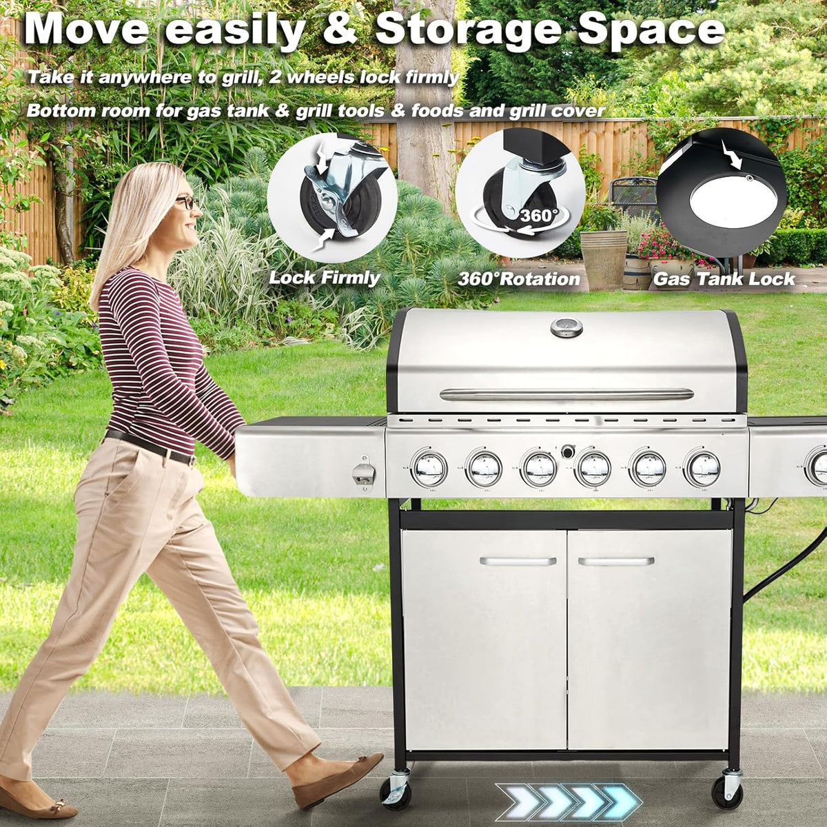 BBQ à gaz propane amélioré à 4 brûleurs avec grilles en fonte et réchaud latéral, brûleur en acier inoxydable de 44 000 BTU pour terrasse, camping et cuisine en plein air.