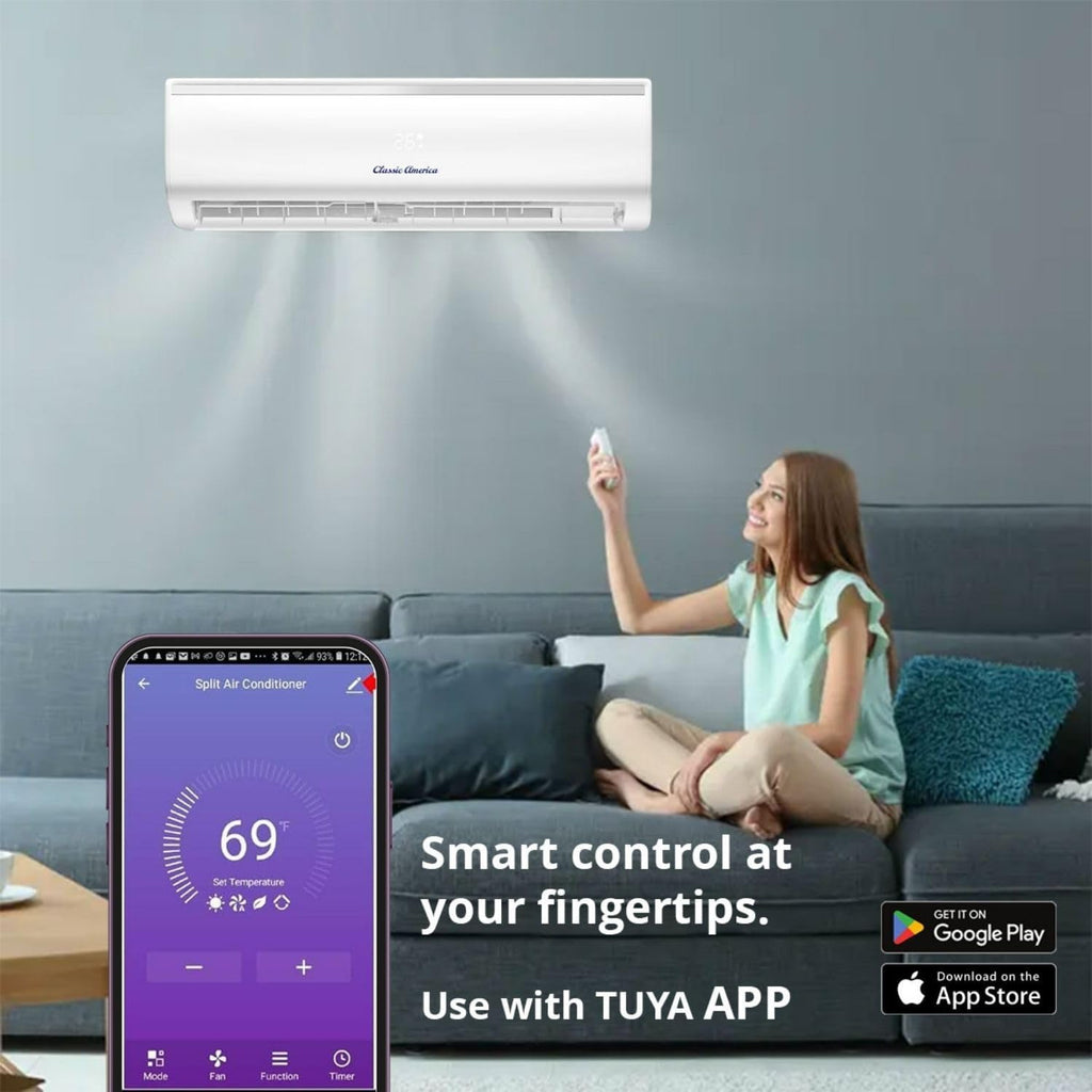 Vtronix Classic America 12 000 BTU, mini-split intelligent avec pompe à chaleur, 19 SEER2, onduleur, montage mural sans conduit, 110/120 V, silencieux (29 dB), Wi-Fi/Alexa, préchargé, kit de tuyauterie de 4,9 m, jusqu’à 51 m²