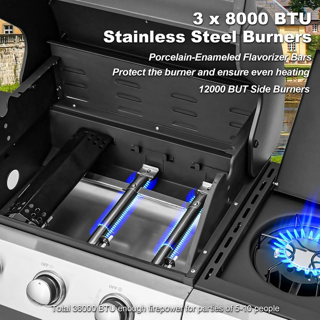 BBQ à gaz propane amélioré à 4 brûleurs avec grilles en fonte et réchaud latéral, brûleur en acier inoxydable de 44 000 BTU pour terrasse, camping et cuisine en plein air.