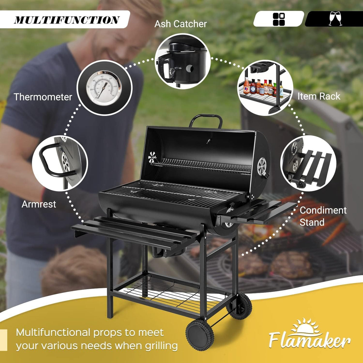 BBQ à charbon Flamaker, style tonneau, avec trois grilles, thermomètre, plaque de cuisson double couche en fonte chromée et récupérateur de cendres, idéal pour le camping et les activités de plein air.