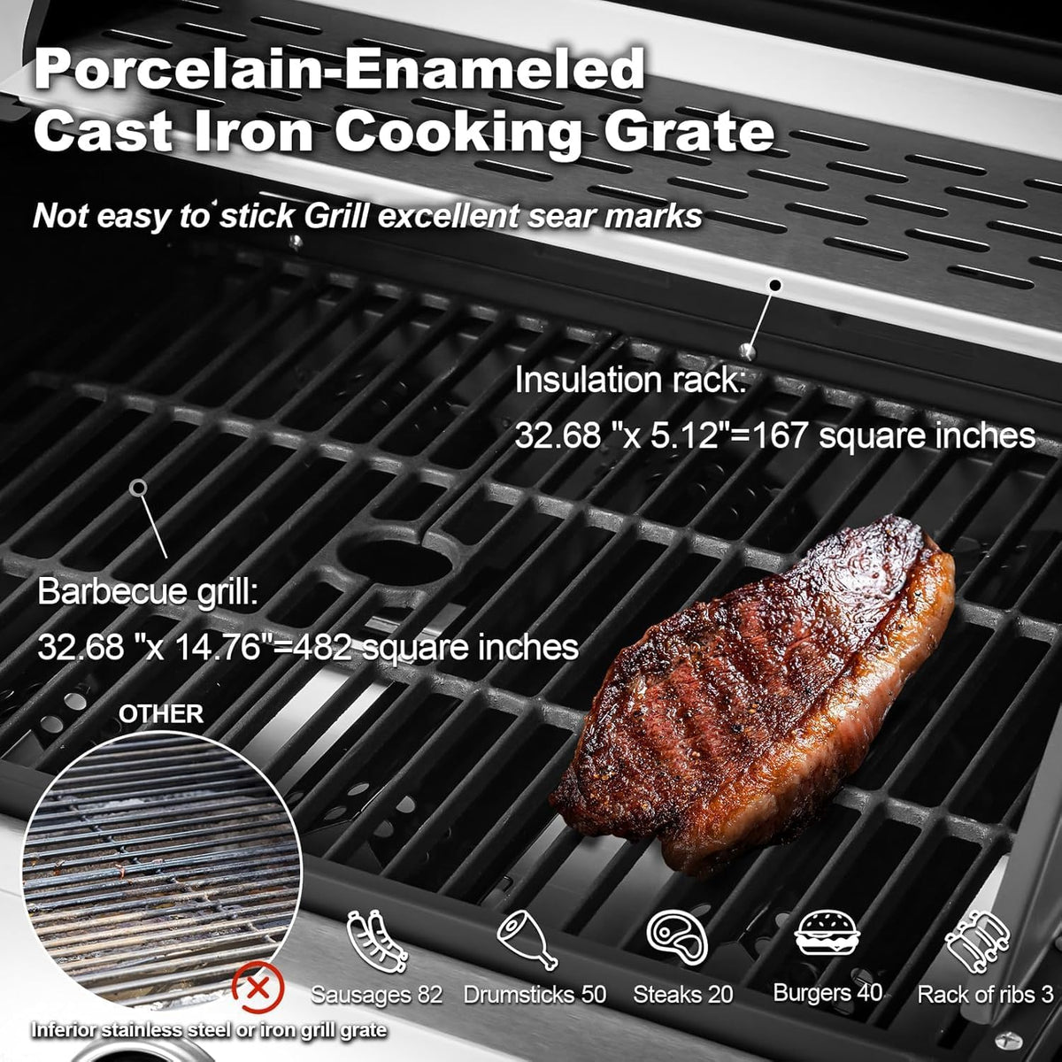 BBQ à gaz propane amélioré à 4 brûleurs avec grilles en fonte et réchaud latéral, brûleur en acier inoxydable de 44 000 BTU pour terrasse, camping et cuisine en plein air.