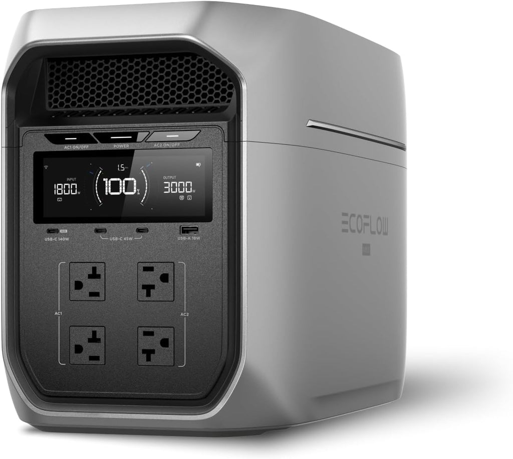 Centrale électrique compact and portable EF ECOFLOW DELTA 3 Max Plus avec batterie LiFePO4 2048 Wh et générateur solaire (panneau solaire en option). Puissance maximale de 3000 W. Recharge rapide de 0 à 80 % en 64 minutes. Solution fiable pour la