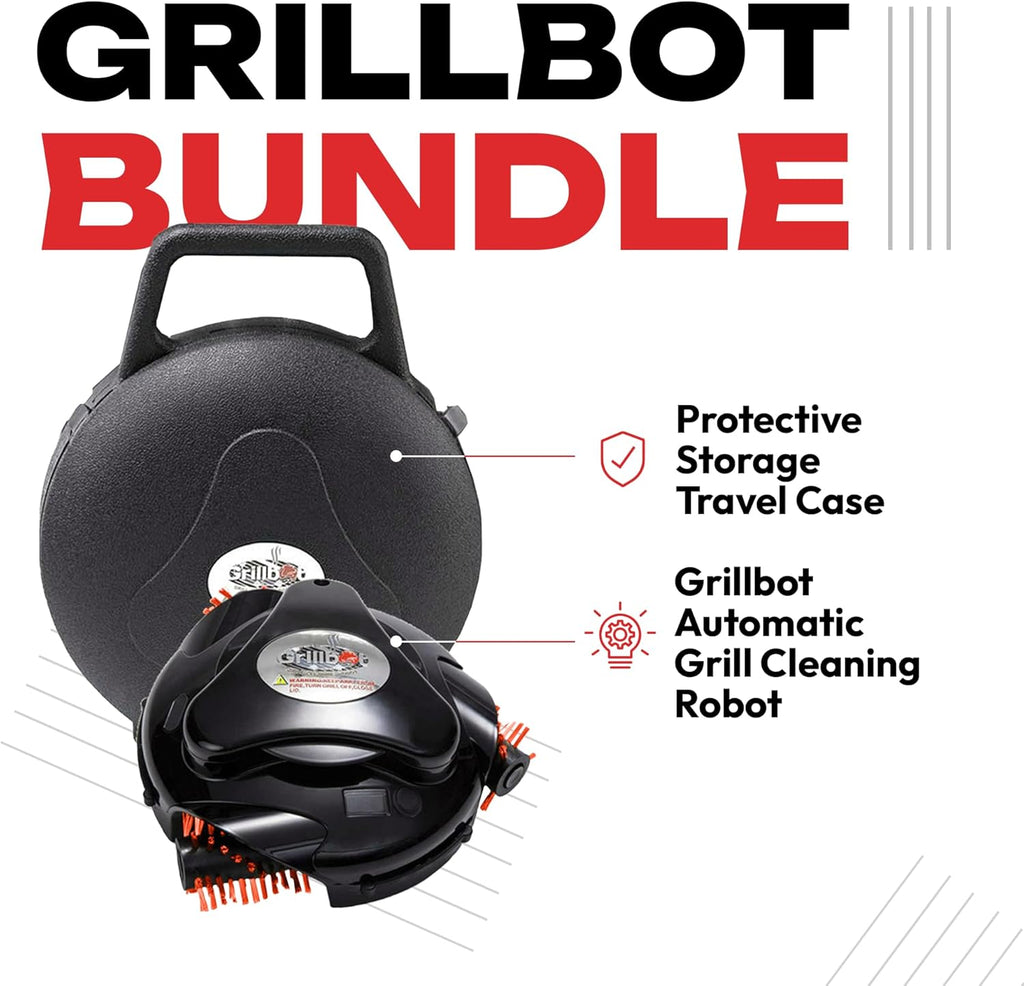 Robot de nettoyage automatique pour BBQ Grillbot avec brosses en nylon, brosse de nettoyage et grattoir pour BBQ, accessoires pour BBQ (Grillbot noir + étui de transport)