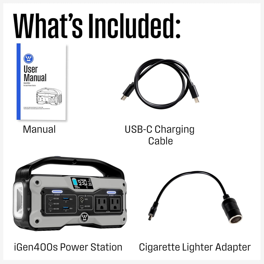 Centrale électrique compact and portable et générateur solaire Westinghouse iGen400s de 400 watts et 183 Wh avec LED et prise CC pour le camping, la maison, les voyages et une utilisation intérieure/extérieure (panneau solaire non inclus).
