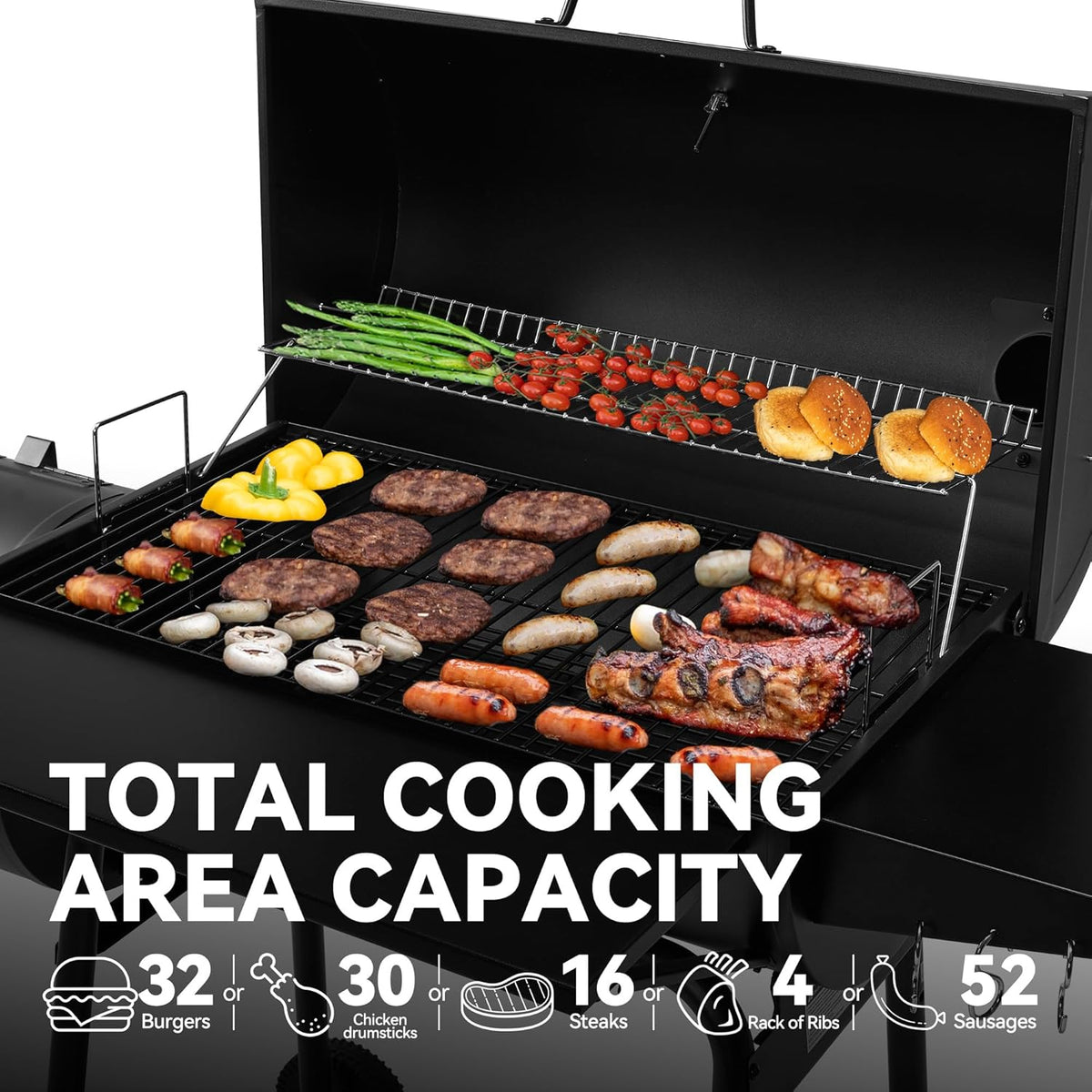 BBQ à charbon Royal Gourmet CC1830SC, fumoir décalé avec couvercle, 811 pouces carrés, noir, pour le camping en extérieur