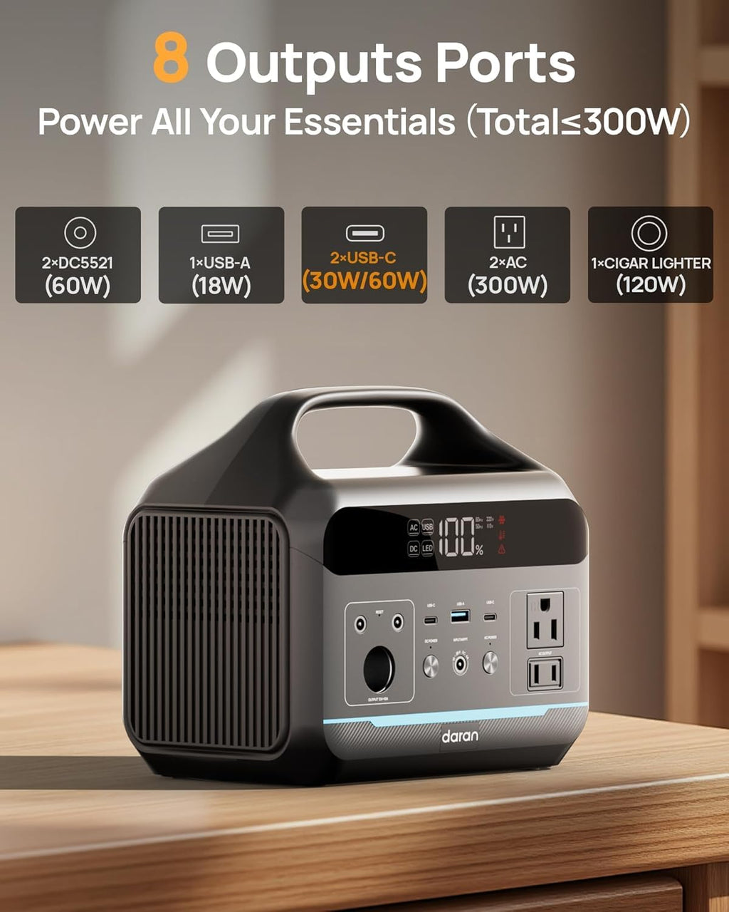 Station d'alimentation compact and portable 300 W, batterie externe 192 Wh avec prise secteur 110 V, batterie de secours LiFePO4, générateur solaire 8 ports à charge rapide pour le camping, les situations d'urgence (ouragan), les activités de plein