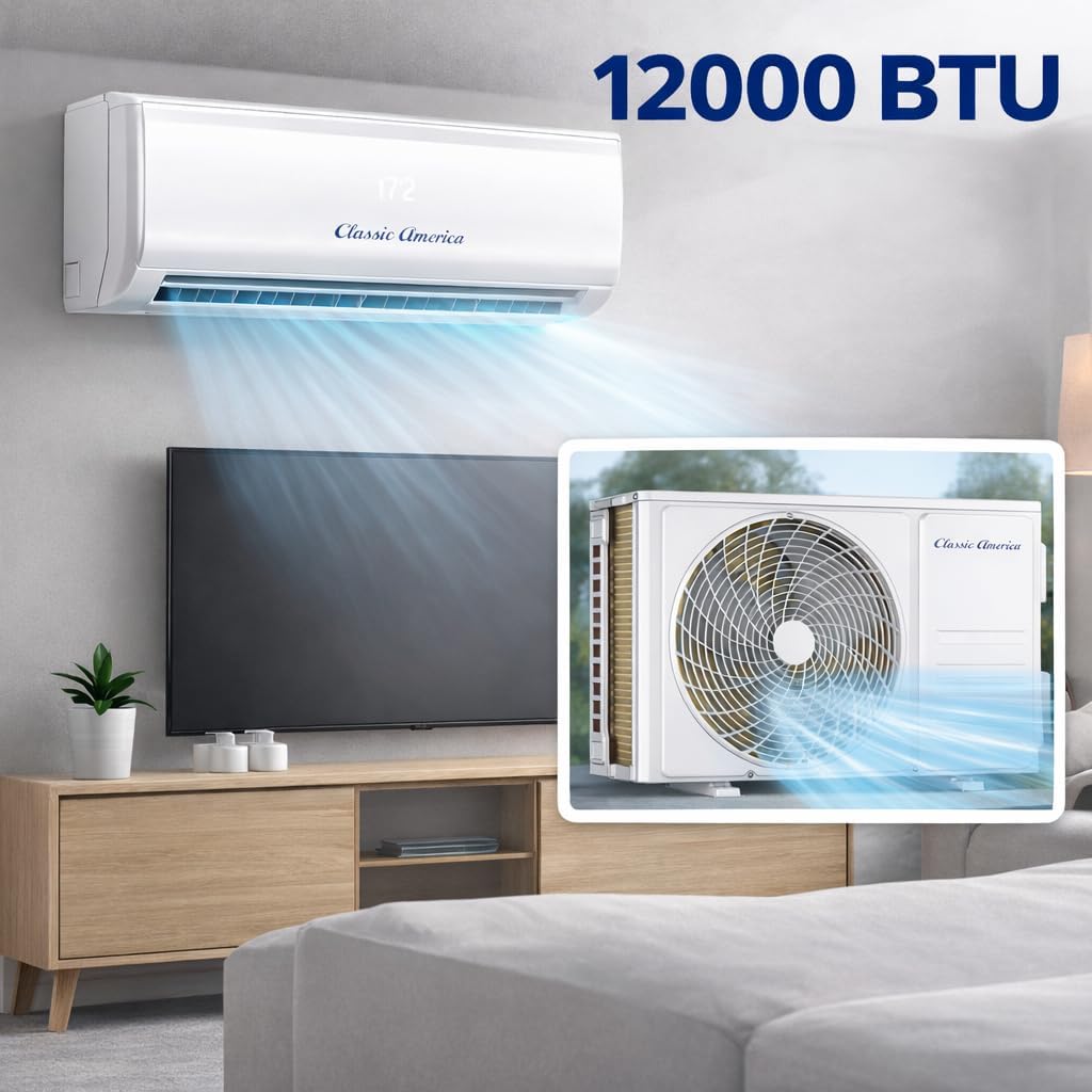 Vtronix Classic America 12 000 BTU, mini-split intelligent avec pompe à chaleur, 19 SEER2, onduleur, montage mural sans conduit, 110/120 V, silencieux (29 dB), Wi-Fi/Alexa, préchargé, kit de tuyauterie de 4,9 m, jusqu’à 51 m²