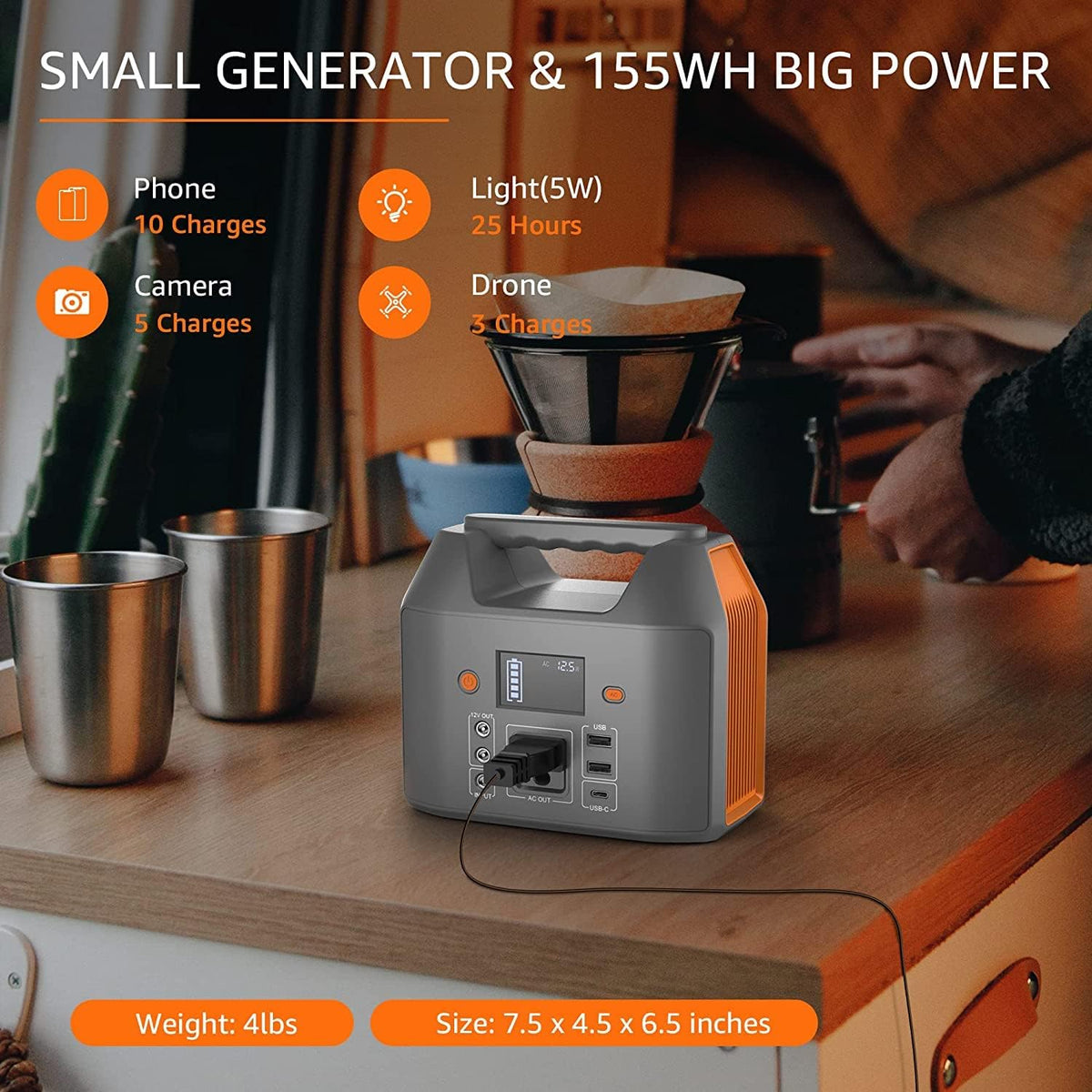 Station d'alimentation compact and portable EnginStar 150 W 155 Wh, générateur solaire 110 V 42 000 mAh, batterie externe avec prise secteur, 6 sorties, lampe LED de secours pour le camping en plein air