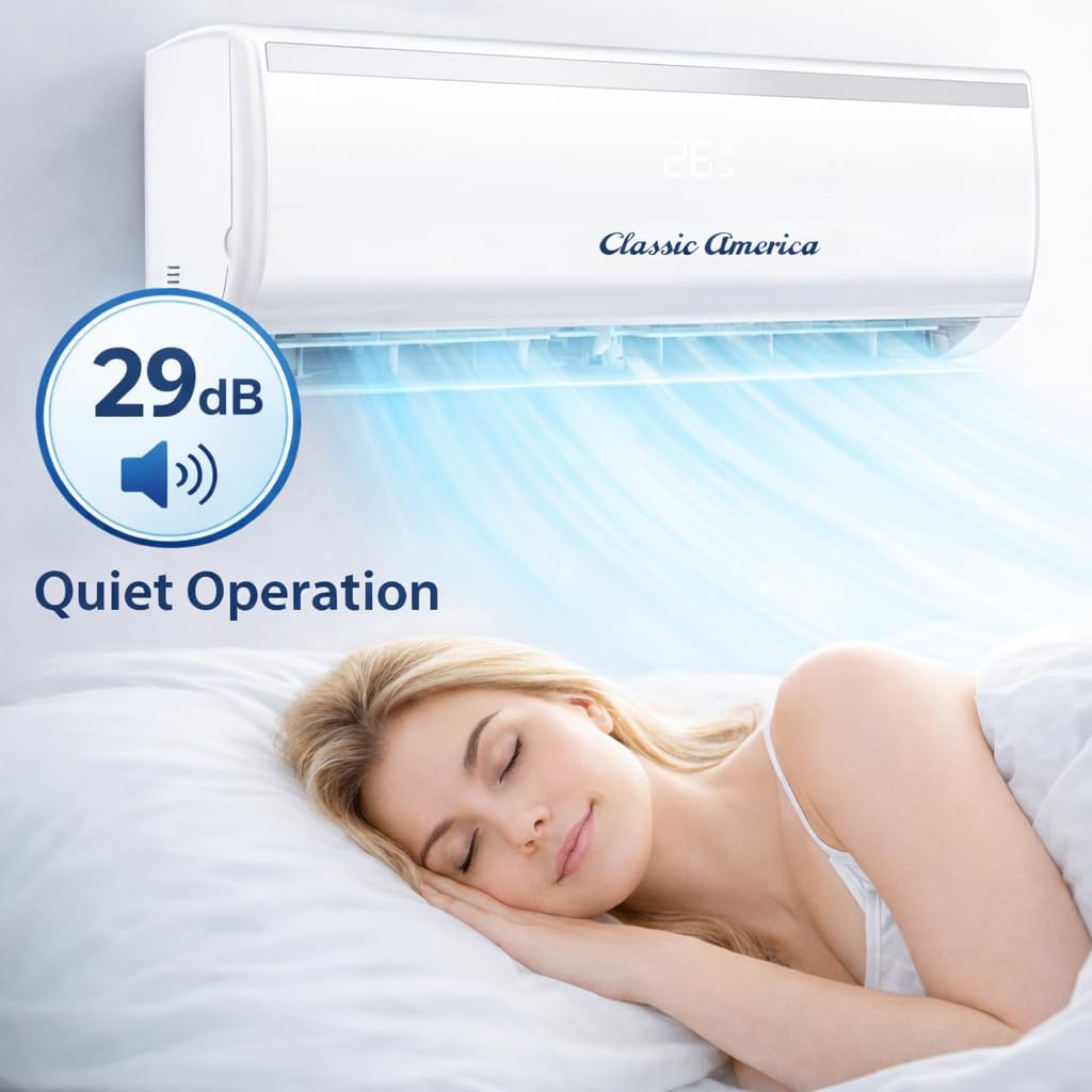 Vtronix Classic America 12 000 BTU, mini-split intelligent avec pompe à chaleur, 19 SEER2, onduleur, montage mural sans conduit, 110/120 V, silencieux (29 dB), Wi-Fi/Alexa, préchargé, kit de tuyauterie de 4,9 m, jusqu’à 51 m²