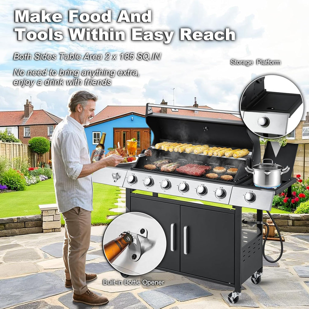 BBQ à gaz propane amélioré à 4 brûleurs avec grilles en fonte et réchaud latéral, brûleur en acier inoxydable de 44 000 BTU pour terrasse, camping et cuisine en plein air.