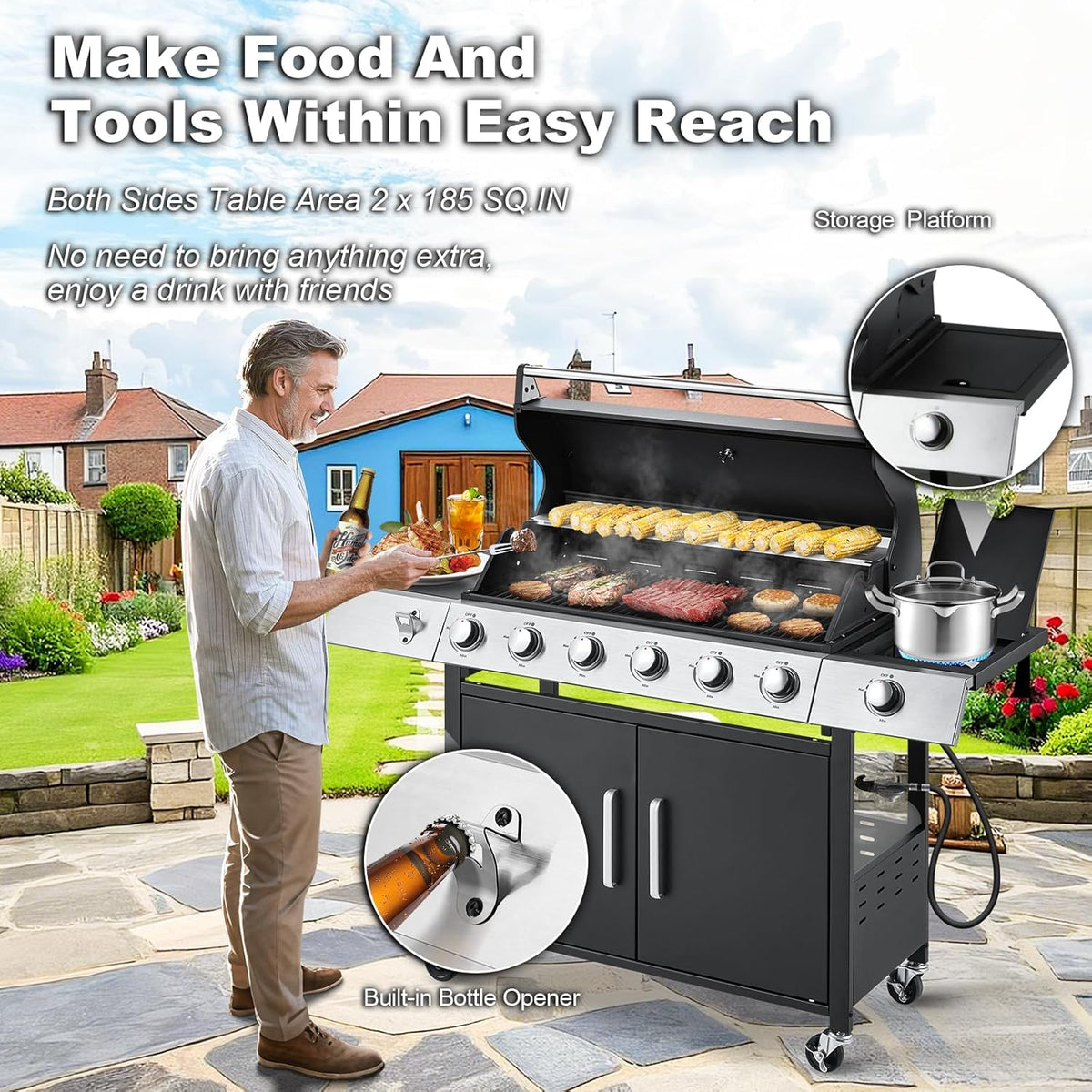 BBQ à gaz propane amélioré à 4 brûleurs avec grilles en fonte et réchaud latéral, brûleur en acier inoxydable de 44 000 BTU pour terrasse, camping et cuisine en plein air.