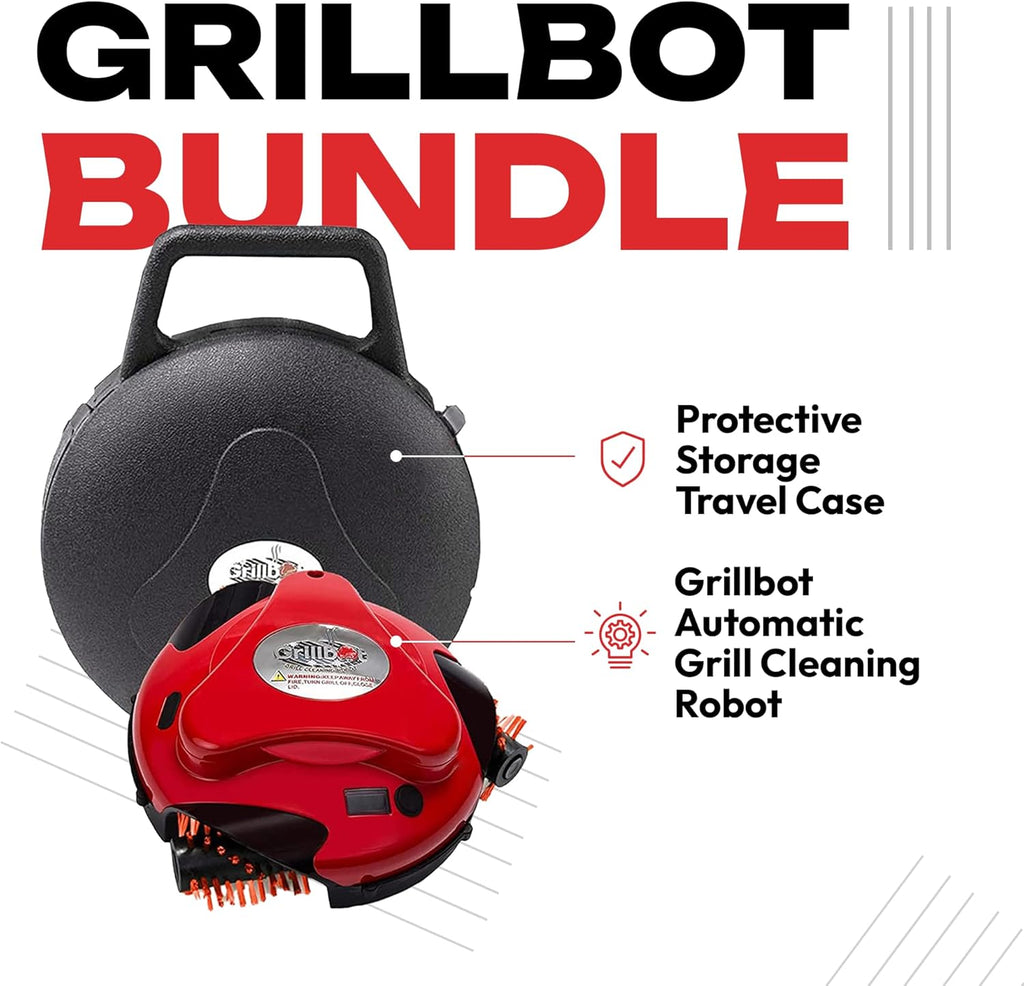 Robot de nettoyage automatique pour BBQ Grillbot avec brosses en nylon, brosse de nettoyage et grattoir pour BBQ, accessoires pour BBQ (Grillbot rouge + étui de transport)