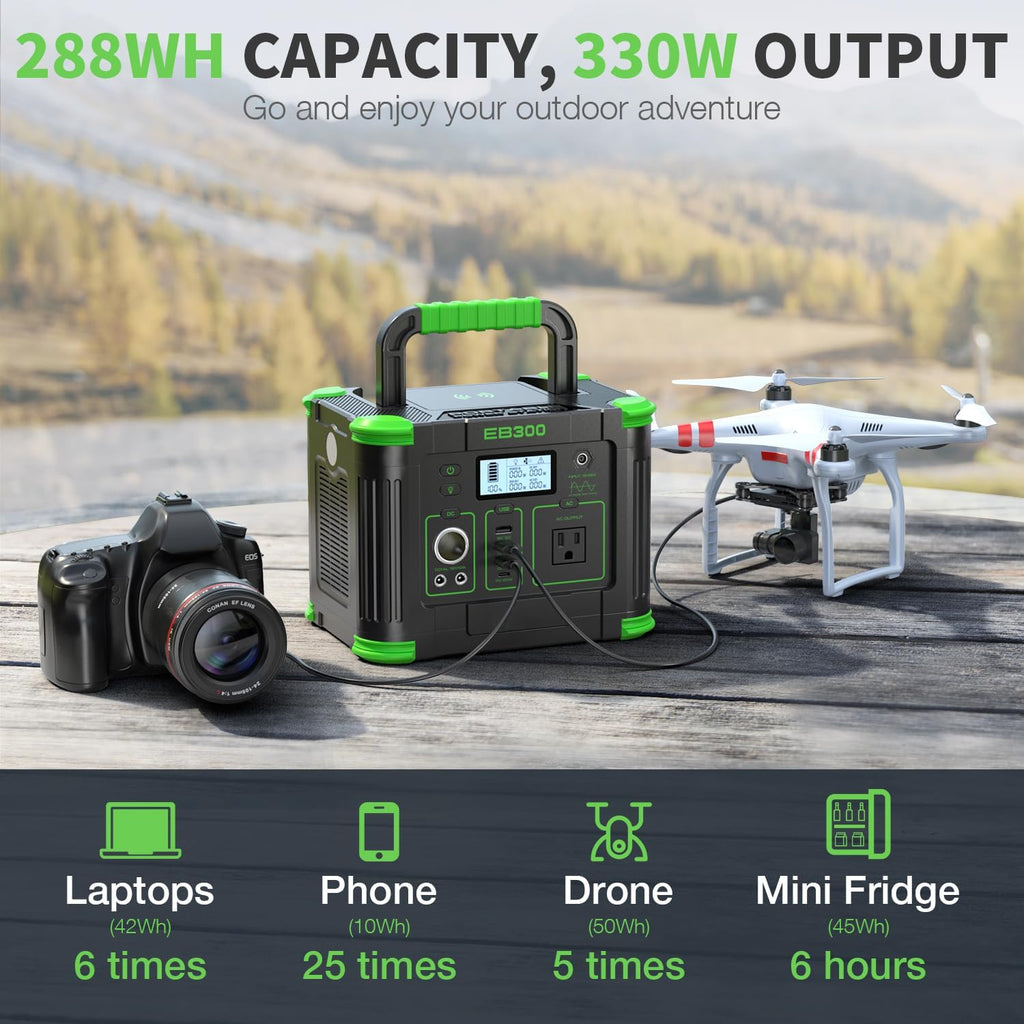 Station d'alimentation compact and portable 330 W, générateur solaire 288,6 Wh avec sortie USB-C PD 60 W, prise secteur 110 V à onde sinusoïdale pure, charge sans fil 5 W, alimentation multiport idéale pour le camping, les pannes de courant et les