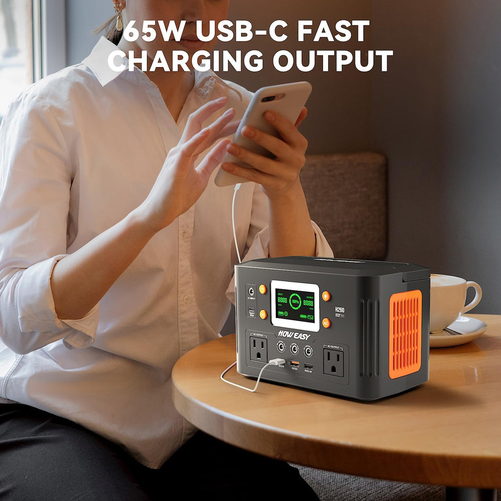 Station d'alimentation compact and portable HOWEASY, générateur solaire 260 W (500 W en crête) avec alimentation auxiliaire 65 W, prise secteur 110 V à onde sinusoïdale pure, batterie lithium de secours 48 000 mAh pour le camping, les voyages et les