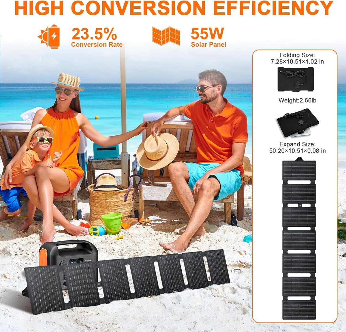 Station d'alimentation compact and portable avec panneau solaire de 55 W, batterie de secours LiFePO4 de 299 Wh, alimentation secteur sinusoïdale pure de 300 W (600 W crête), prises allume-cigare, générateur solaire QC3.0 de 60 W, batterie externe