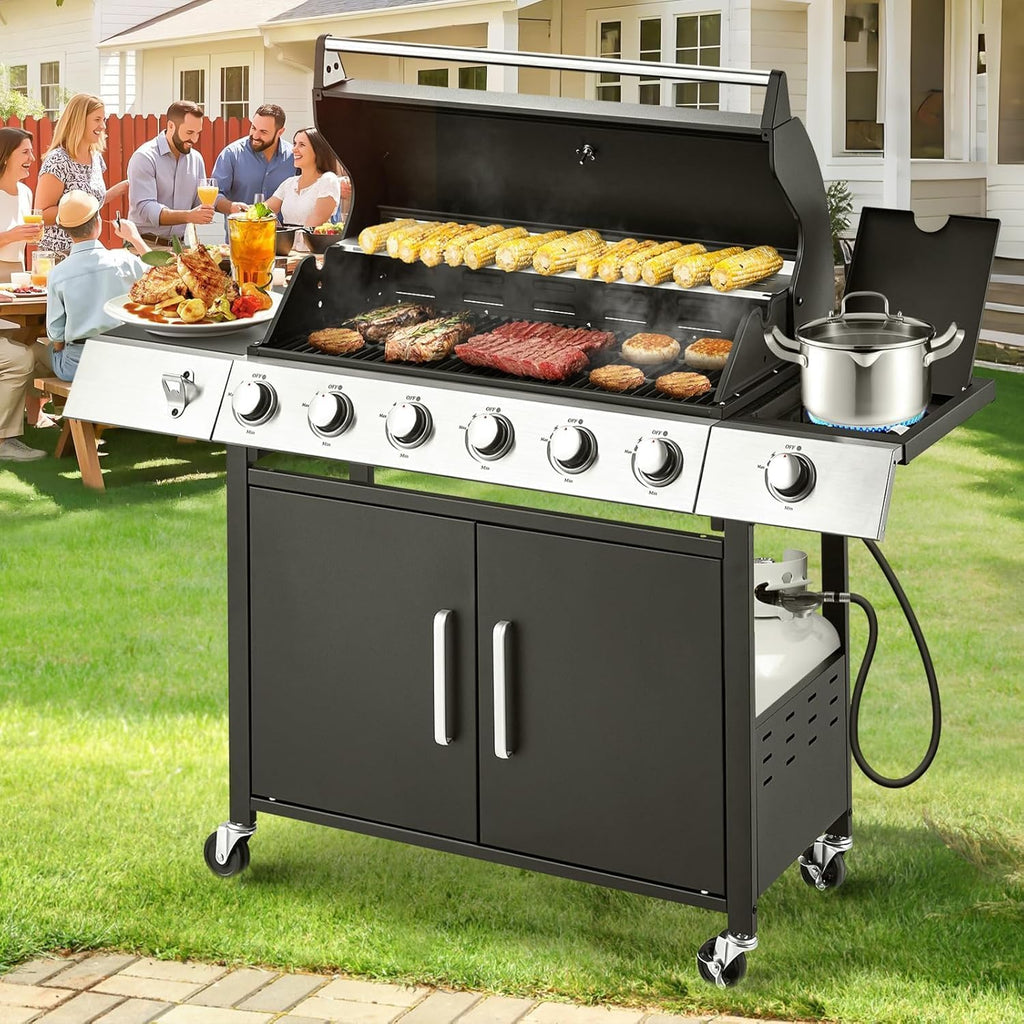 BBQ à gaz propane amélioré à 4 brûleurs avec grilles en fonte et réchaud latéral, brûleur en acier inoxydable de 44 000 BTU pour terrasse, camping et cuisine en plein air.