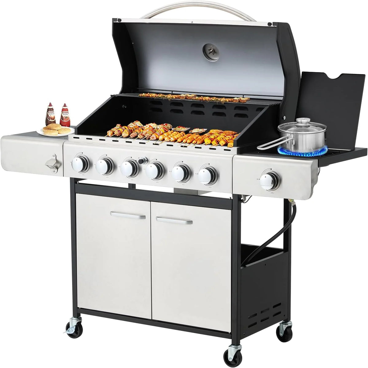 BBQ à gaz propane amélioré à 4 brûleurs avec grilles en fonte et réchaud latéral, brûleur en acier inoxydable de 44 000 BTU pour terrasse, camping et cuisine en plein air.