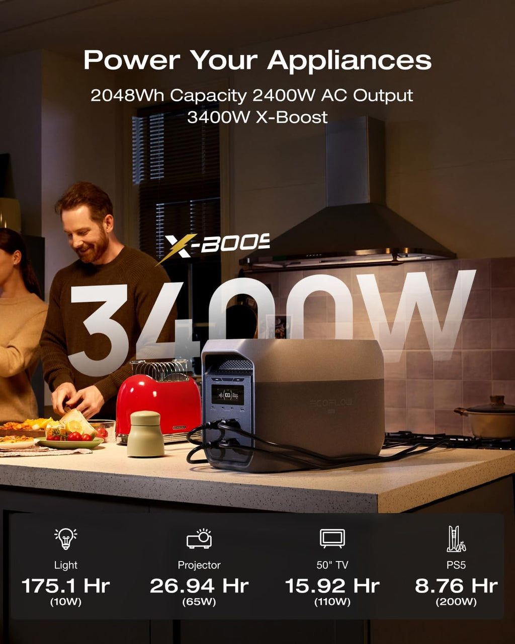 Station d'alimentation compact and portable EF ECOFLOW DELTA 3 Max, batterie LiFePO4 2048 Wh, générateur solaire (panneau solaire en option), puissance de sortie X-Boost de 3400 W, charge ultra-rapide de 0 à 80 % en 1 h 13, idéale pour la maison et