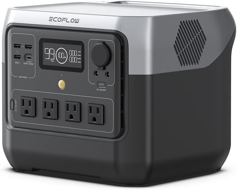 Station d'alimentation compact and portable EF ECOFLOW RIVER 2 Pro, batterie LiFePO4 768 Wh, charge rapide 70 min, 4 prises CA (X-Boost 1600 W), générateur solaire pour camping, caravanes et usage domestique, noir.