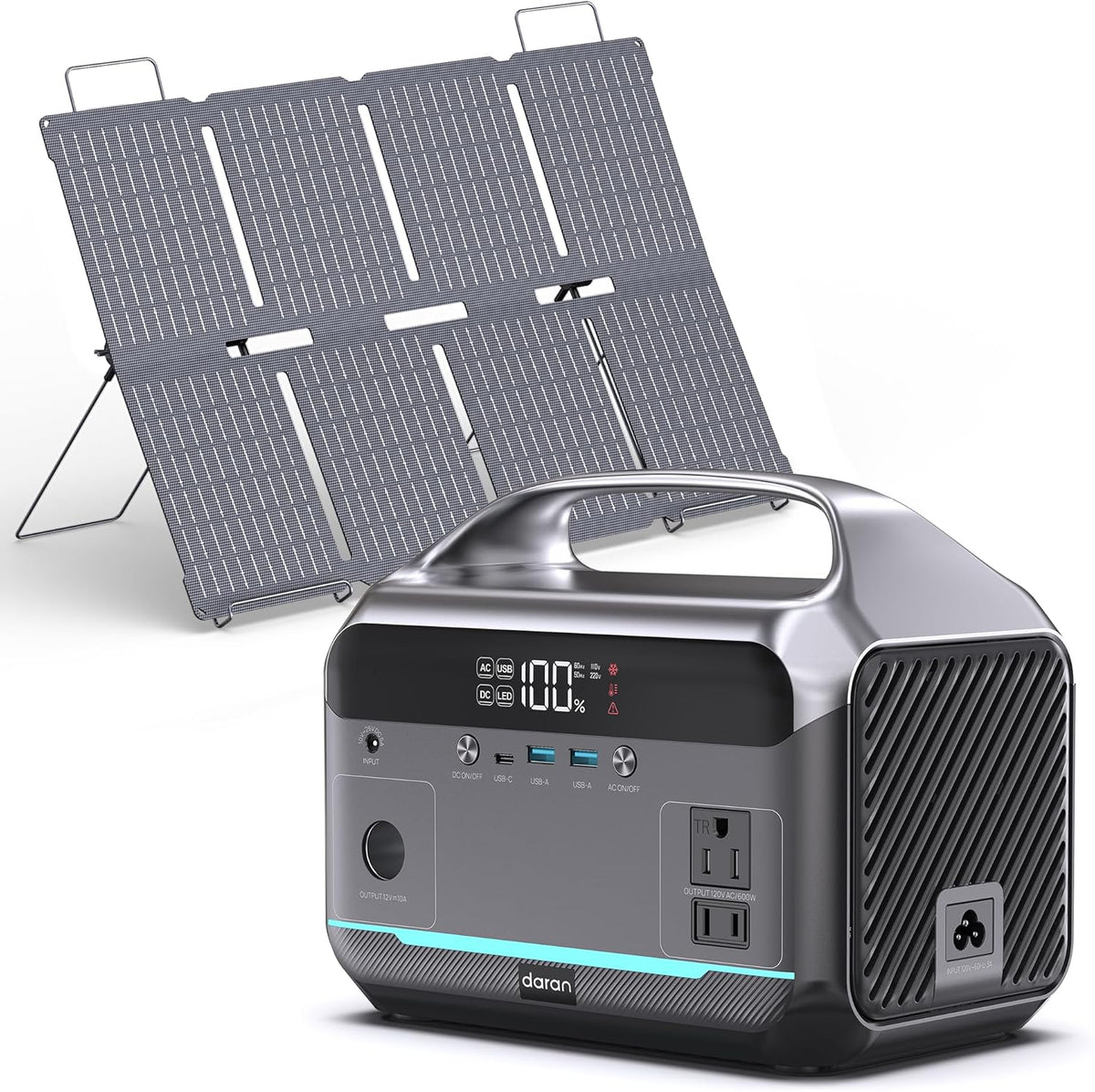 Station d'alimentation compact and portable avec panneau solaire de 80 W, batterie LiFePO4 de 288 Wh, chargeur compact and portable de 600 W avec prise secteur, générateur solaire avec protection contre les surtensions 110 V/1200 W, charge rapide en