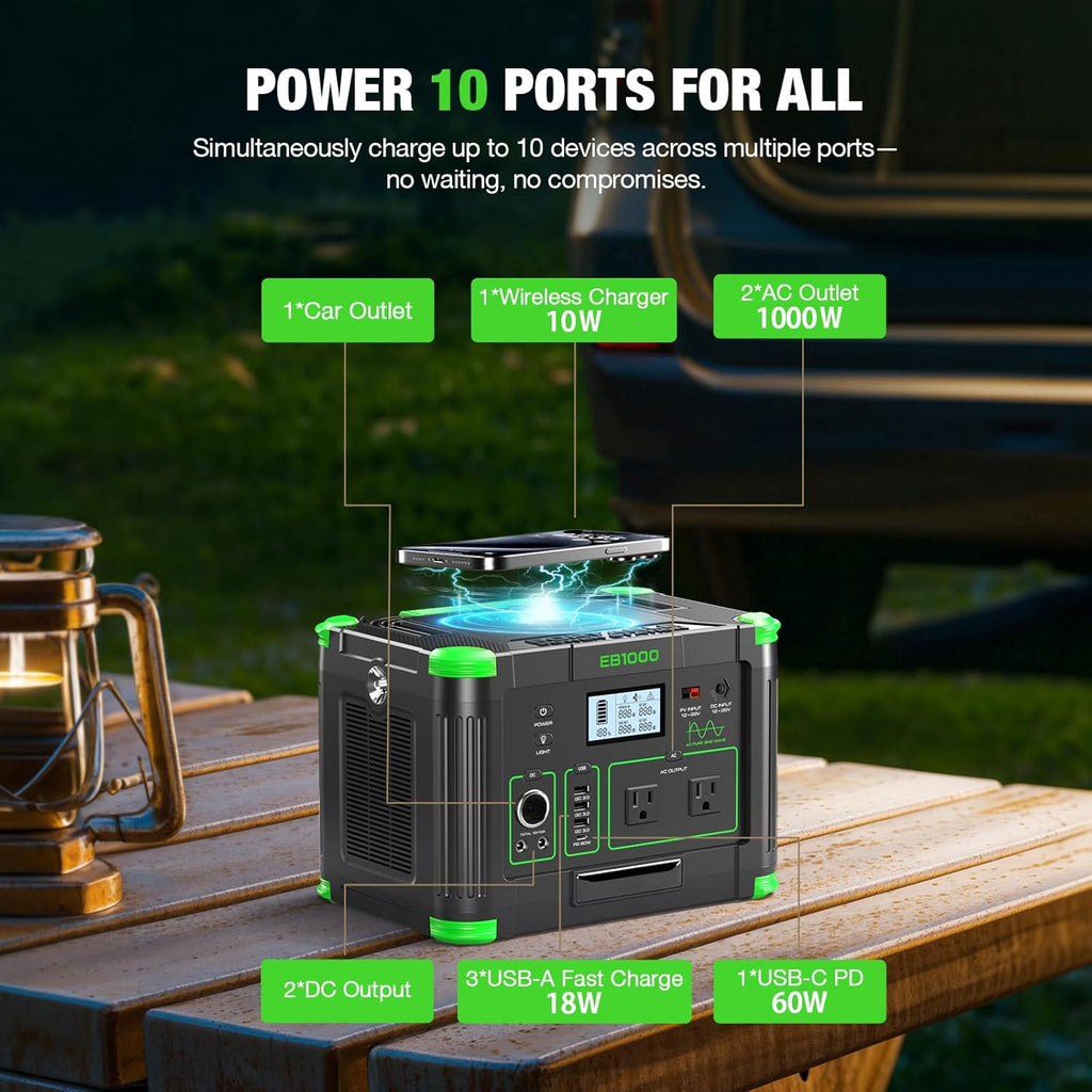 Centrale électrique compact and portable 1000 W (2000 W en crête) 999 Wh, générateur solaire 110 V à onde sinusoïdale pure, prise secteur avec charge rapide USB-C 60 W, idéale pour le camping, les caravanes, les fourgonnettes, les habitations