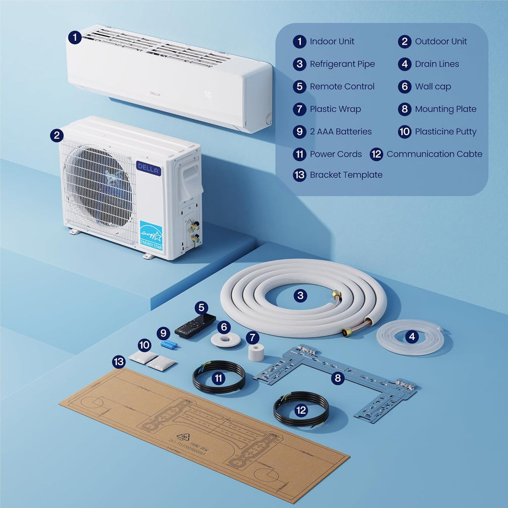 Climatiseur split DELLA Serena Series 12 000 BTU, Energy Star 22 SEER2 115 V, système de climatisation sans conduit à pompe à chaleur Inverter de 1 tonne pour pièces jusqu'à 51 m², compatible Wi-Fi et Alexa, préchargé, kit d'installation de 5 m.
