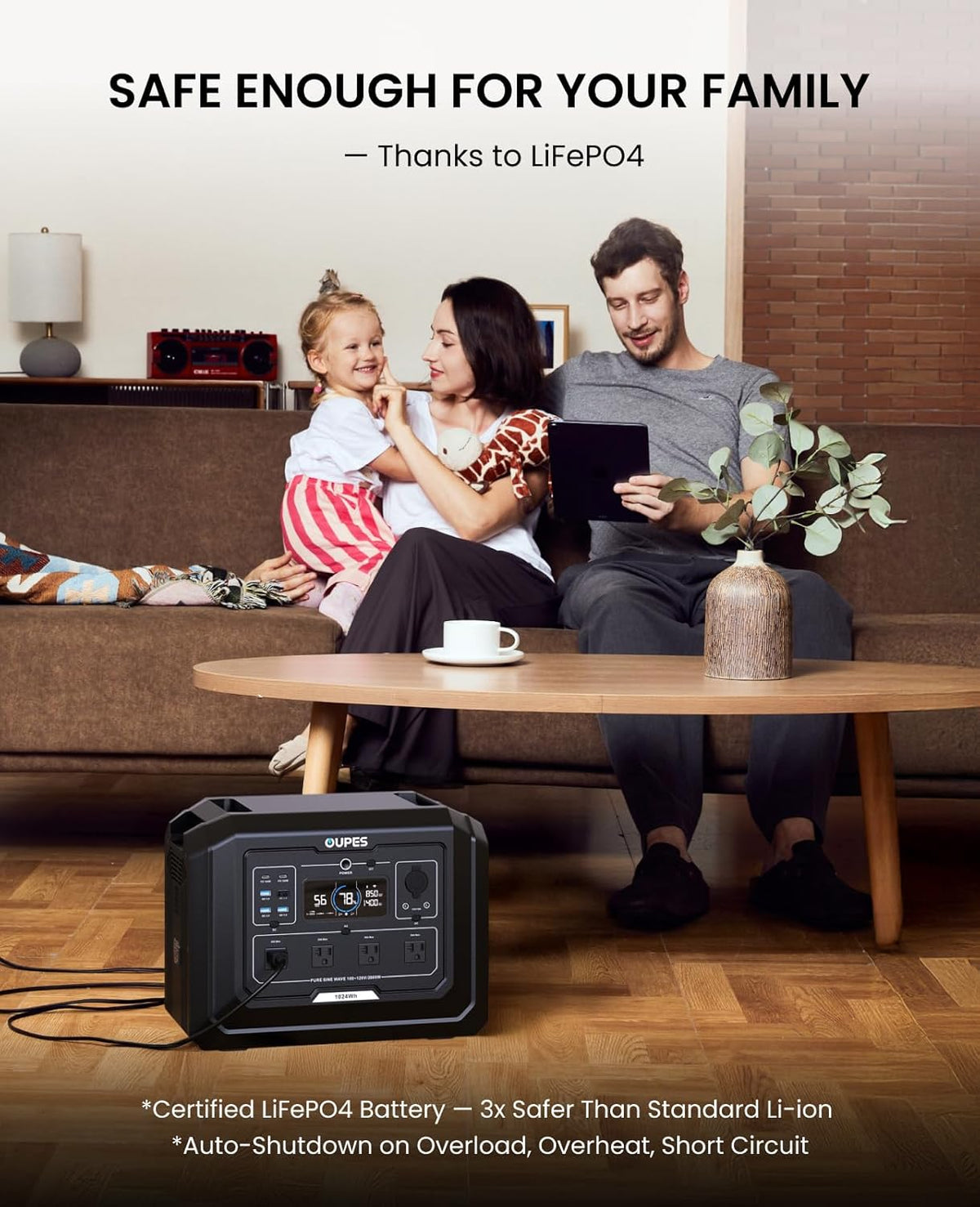 OUPES Mega 1 Station d'alimentation compact and portable 2000 W (4500 W en crête) Générateur solaire avec batterie LiFePO4 1024 Wh, extensible à 5 kWh, onduleur pour alimentation de secours à domicile, camping et voyages (panneau solaire en option)